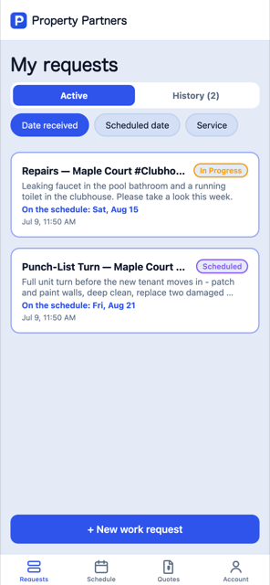 The My Requests screen showing live job statuses