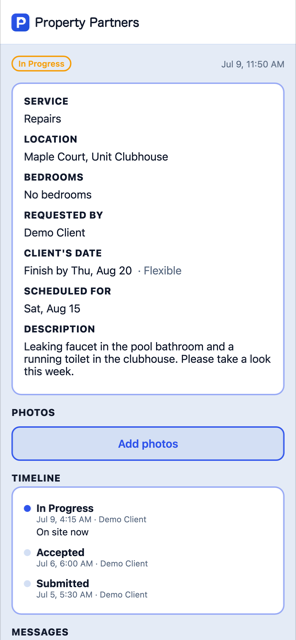 Request detail with photos and timeline